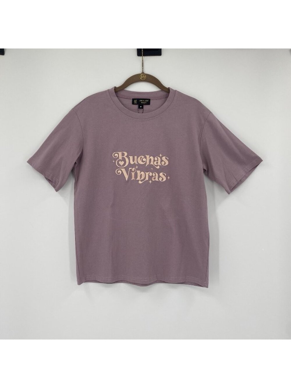 Buenas Vibras Embroidery Boutique Women’s Size M Purple Crew Neck Tee Shirt NEW